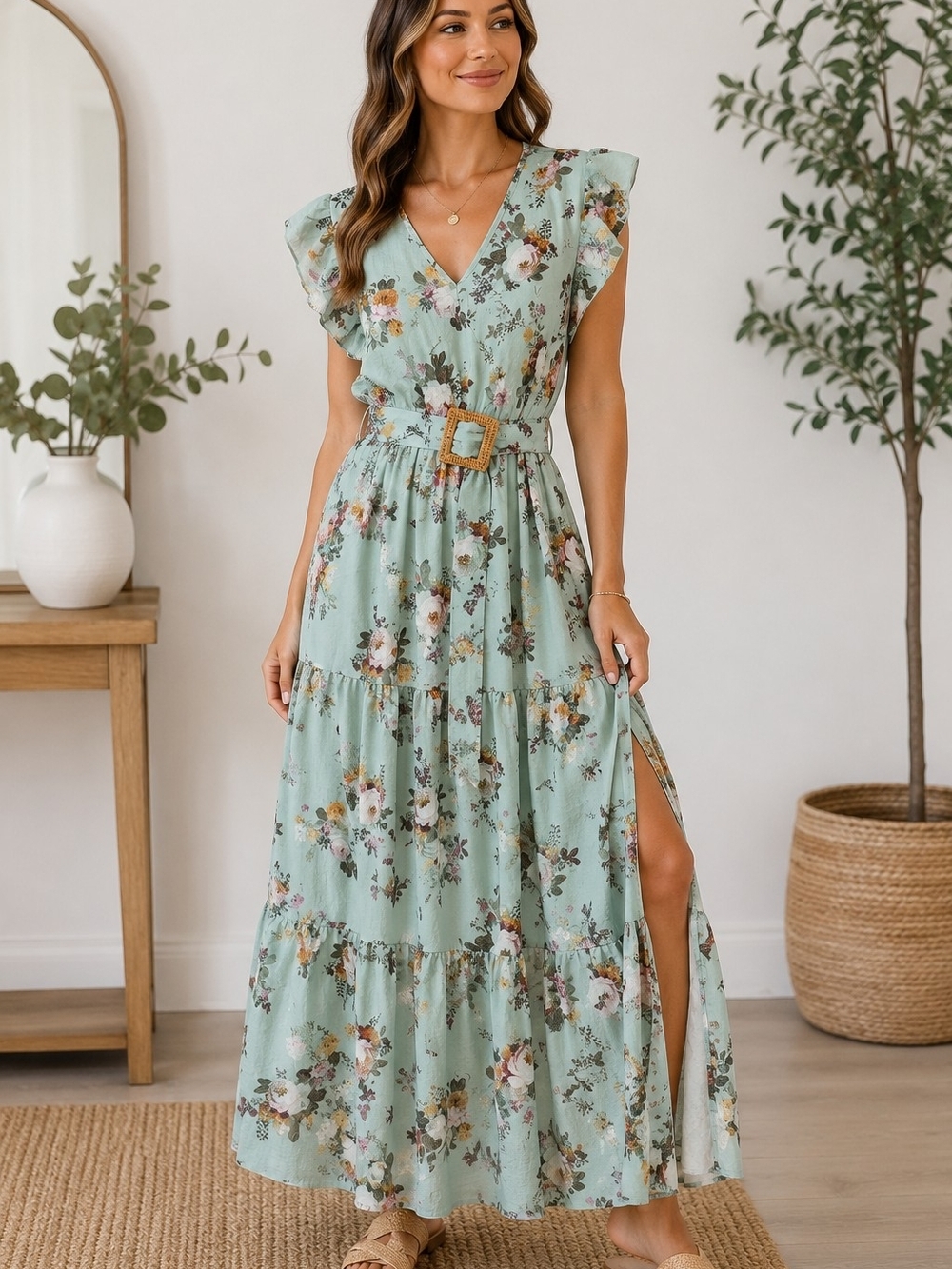 Mint Floral Maxi Dress with Belted Waist